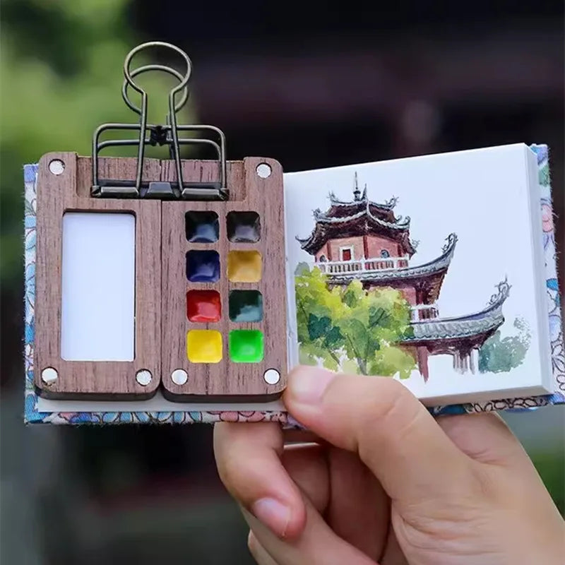 持ち運び簡単！ポケットサイズの木製水彩パレット / デザインカバー付きスケッチブック(別売)